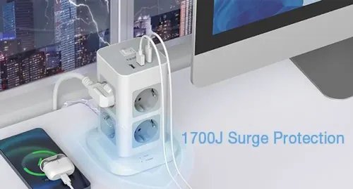TESSAN 11 IN 1 TOWER SURGE PROTECTOR 8xSCHUKO 2xUSB 1xTYPE-C 2M CABLE
