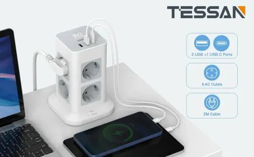 TESSAN 11 IN 1 TOWER SURGE PROTECTOR 8xSCHUKO 2xUSB 1xTYPE-C 2M CABLE