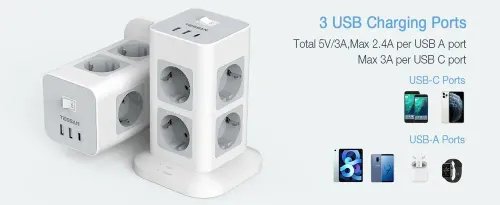 TESSAN 11 IN 1 TOWER SURGE PROTECTOR 8xSCHUKO 2xUSB 1xTYPE-C 2M CABLE