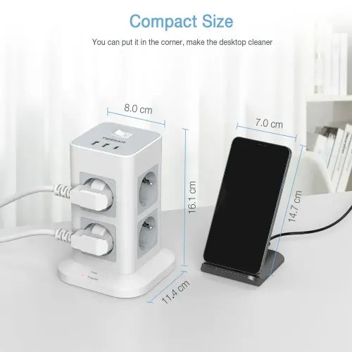 TESSAN 11 IN 1 TOWER SURGE PROTECTOR 8xSCHUKO 2xUSB 1xTYPE-C 2M CABLE