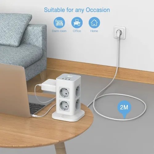 TESSAN 11 IN 1 TOWER SURGE PROTECTOR 8xSCHUKO 2xUSB 1xTYPE-C 2M CABLE