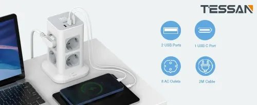 TESSAN 11 IN 1 TOWER SURGE PROTECTOR 8xSCHUKO 2xUSB 1xTYPE-C 2M CABLE