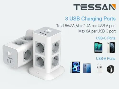 TESSAN 11 IN 1 TOWER SURGE PROTECTOR 8xSCHUKO 2xUSB 1xTYPE-C 2M CABLE