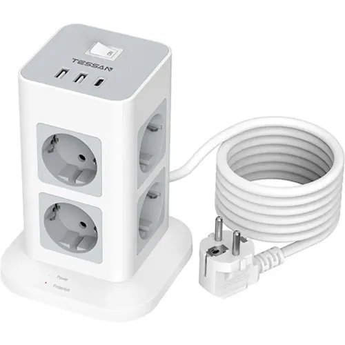 TESSAN 11 IN 1 TOWER SURGE PROTECTOR 8xSCHUKO 2xUSB 1xTYPE-C 2M CABLE