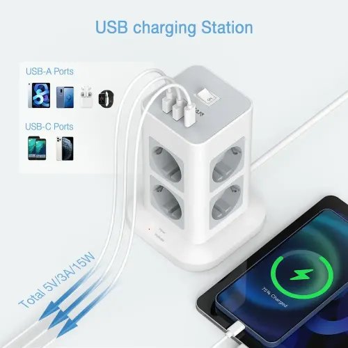 TESSAN 11 IN 1 TOWER SURGE PROTECTOR 8xSCHUKO 2xUSB 1xTYPE-C 2M CABLE