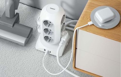 TESSAN15IN1TOWERSURGEPROTECTOR25W12xSCHUKO2xUSB1xTYPE-C2MCABLEWHITE