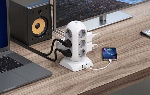 TESSAN15IN1TOWERSURGEPROTECTOR25W12xSCHUKO2xUSB1xTYPE-C2MCABLEWHITE