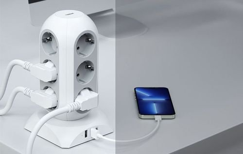 TESSAN15IN1TOWERSURGEPROTECTOR25W12xSCHUKO2xUSB1xTYPE-C2MCABLEWHITE