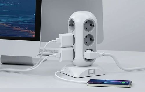 TESSAN15IN1TOWERSURGEPROTECTOR25W12xSCHUKO2xUSB1xTYPE-C2MCABLEWHITE