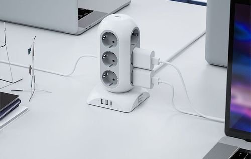 TESSAN15IN1TOWERSURGEPROTECTOR25W12xSCHUKO2xUSB1xTYPE-C2MCABLEWHITE