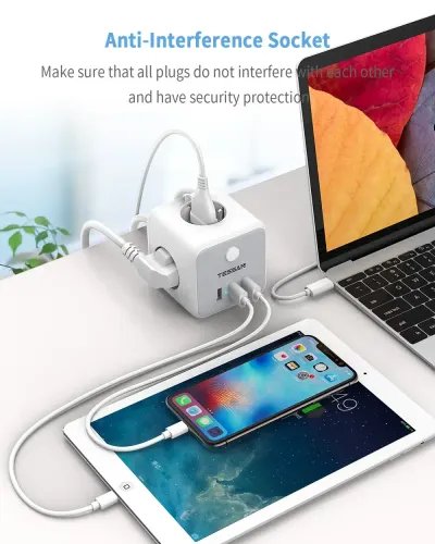 TESSAN 6 IN 1 POWERCUBE STRIP 3xSCHUKO 2xUSB 1xTYPE-C 2M CABLE