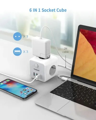 TESSAN 6 IN 1 POWERCUBE STRIP 3xSCHUKO 2xUSB 1xTYPE-C 2M CABLE