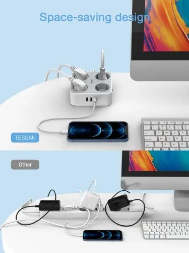 TESSAN 7 IN 1 POWER STRIP 4xSCHUKO 2xUSB 1xTYPE-C 2M CABLE