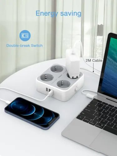 TESSAN 7 IN 1 POWER STRIP 4xSCHUKO 2xUSB 1xTYPE-C 2M CABLE