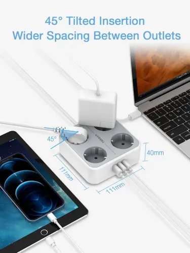 TESSAN 7 IN 1 POWER STRIP 4xSCHUKO 2xUSB 1xTYPE-C 2M CABLE