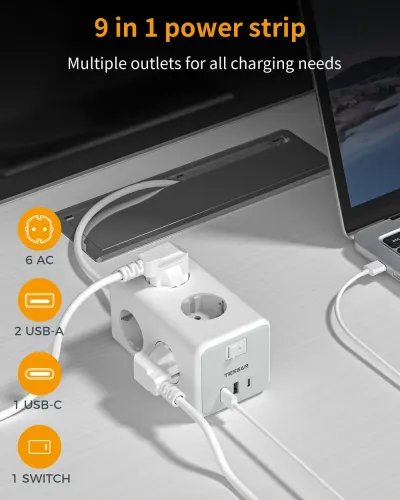 TESSAN 9 IN 1 CUBOID POWER STRIP 6xSCHUKO 2xUSB 1xTYPE-C 2M CABLE