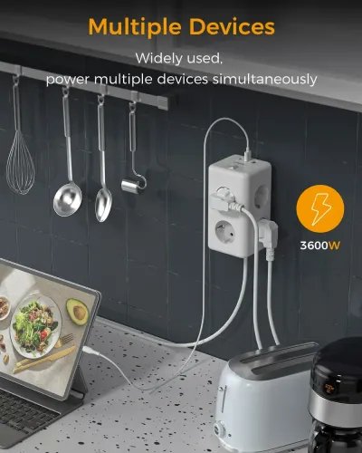 TESSAN 9 IN 1 CUBOID POWER STRIP 6xSCHUKO 2xUSB 1xTYPE-C 2M CABLE