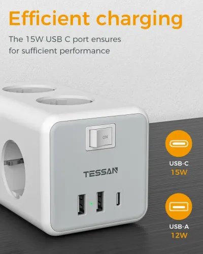 TESSAN 9 IN 1 CUBOID POWER STRIP 6xSCHUKO 2xUSB 1xTYPE-C 2M CABLE