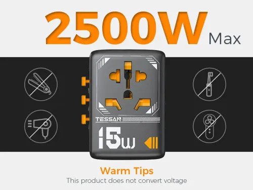 TESSAN UNIVERSAL TRAVEL ADAPTER 2xUSB 1xTYPE-C MAX 15W