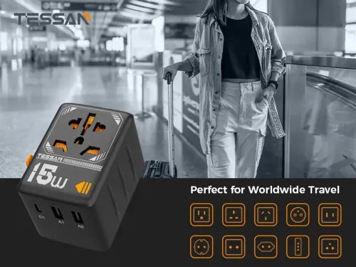 TESSAN UNIVERSAL TRAVEL ADAPTER 2xUSB 1xTYPE-C MAX 15W