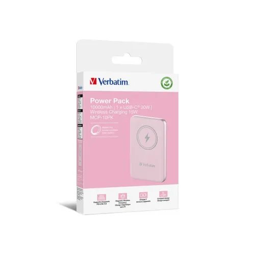 VerbatimChargenGoMagneticWirelessPowerBank10000Pink