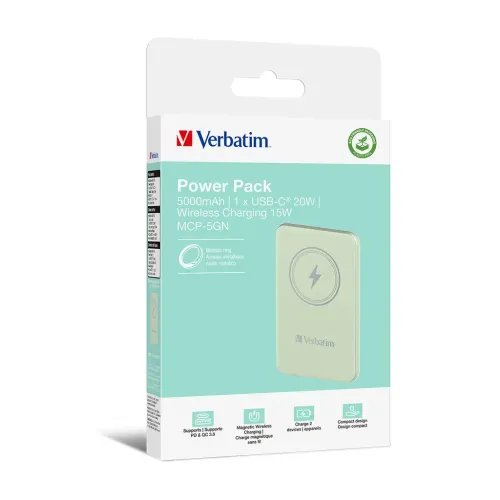 VerbatimChargenGoMagneticWirelessPowerBank5000Green