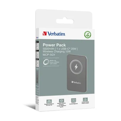 VerbatimChargenGoMagneticWirelessPowerBank5000Grey