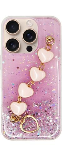 VividGlitterCasewithHeartChainHandStrapAppleiPhone16ProPink