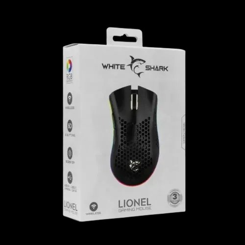 WHITE SHARK WIRELESS 500mAh Li-BAT GAMING MOUSE 10K LIONEL BLACK